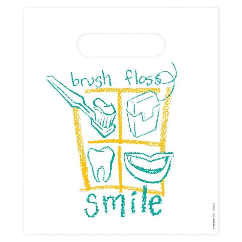 Practicon Brush Floss Smile 7-3/4" x 9" Dental Bag, Dental Hygiene Patient Care Goodie Bag, Dentist Office Plastic Gift Bags, 100 Pack