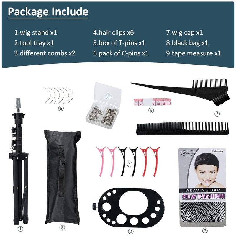 Klvied Wig Stand Tripod for Braiding Practice and Wig Styling, Adjustable 25-53.5 Inch Mannequin Head Stand with Tool Tray and Travel Bag, Fits Most Open-Bottom Heads, Black