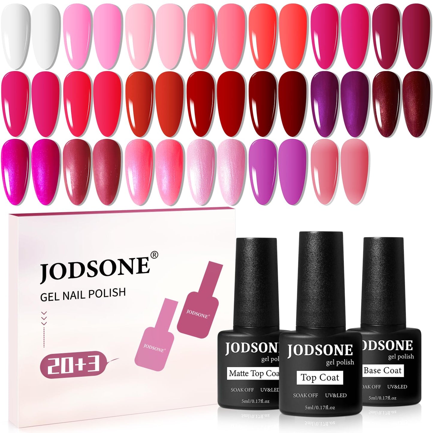 JODSONE Gel Nail Set 20+3 Colors High Shine Gorgeous Gel Polish Base Top Matte Coat Nice Gifts Show Charm
