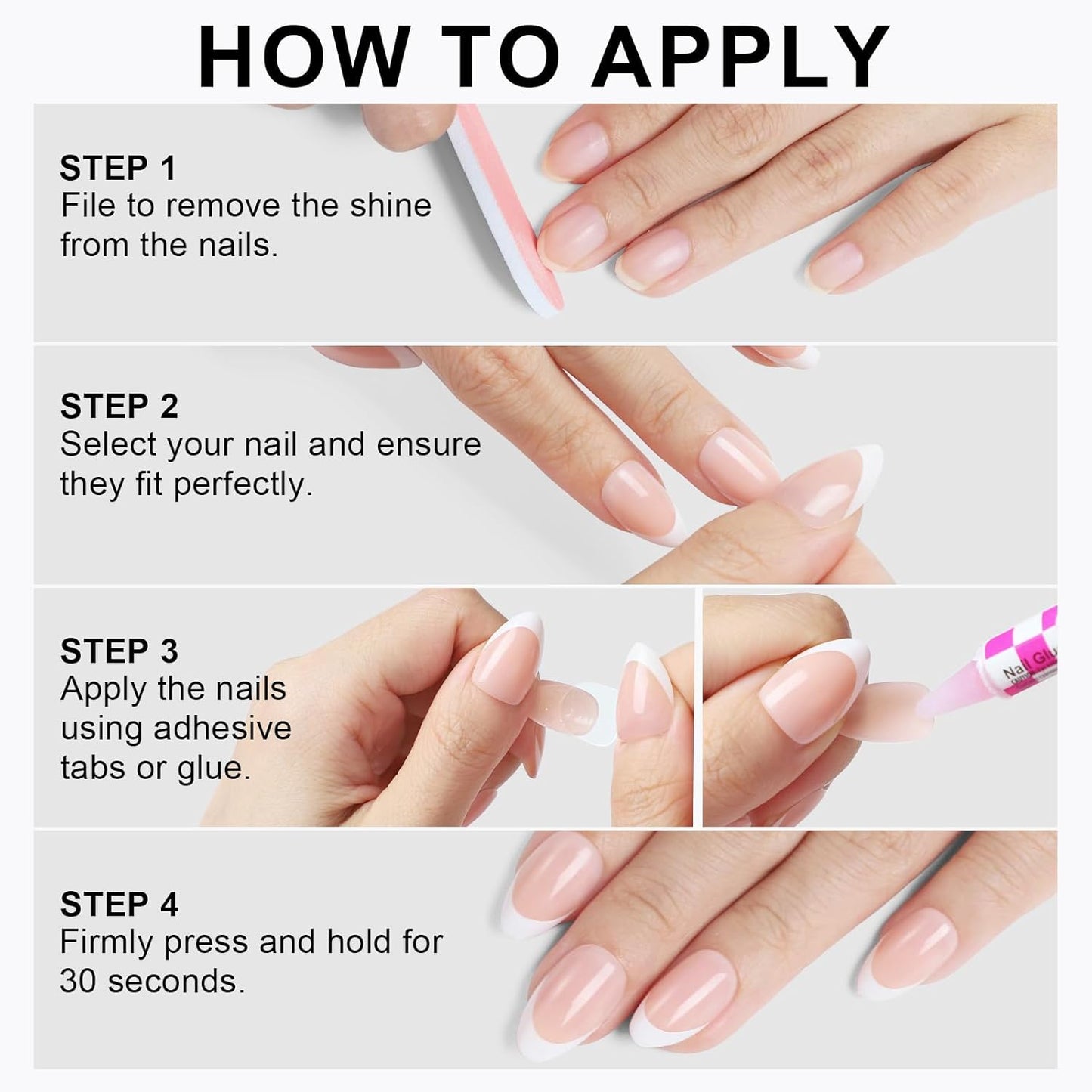 French Almond Gel Press On Nails Short 16 Sizes Fake Nails Glossy 32pcs, Nail Glue Included