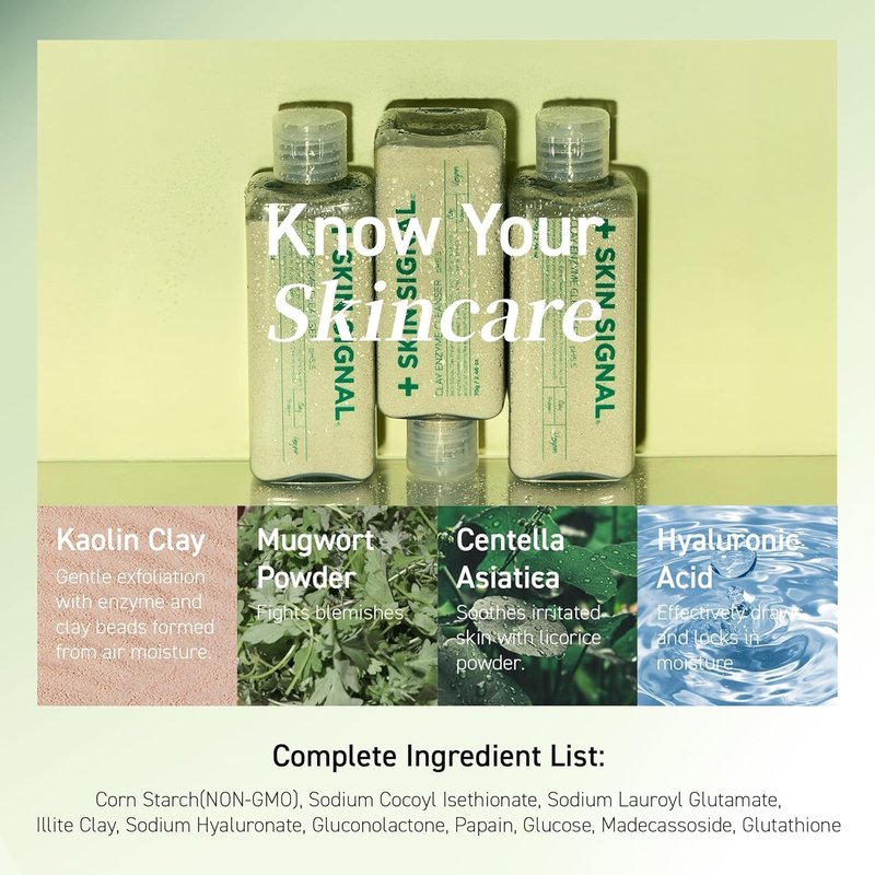 SKIN SIGNAL Green Clay Enzyme Cleanser, Whitehead Remover Powder Cleanser, Deep Pore Cleansing with PHA, Gentle Exfoliating Face Wash, Facial Scrub for Blemish-Prone Skin, Korean Skin Care