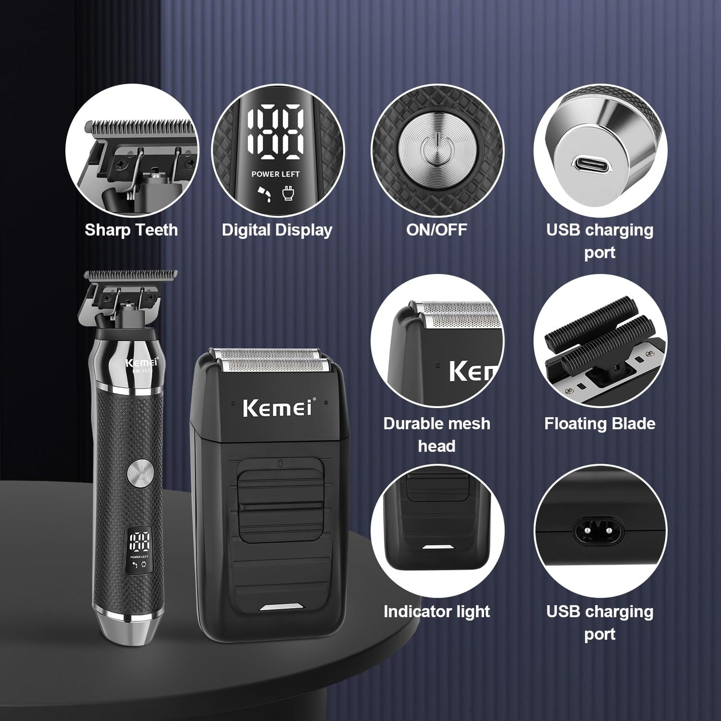 KEMEI Professional Beard Trimmer for Men, Electric Foil Shaver & Men's Facial Grooming Set, Cordless Bald Head Precision Trimmer, Rechargeable Foil Shaving Kit, Gifts for Men