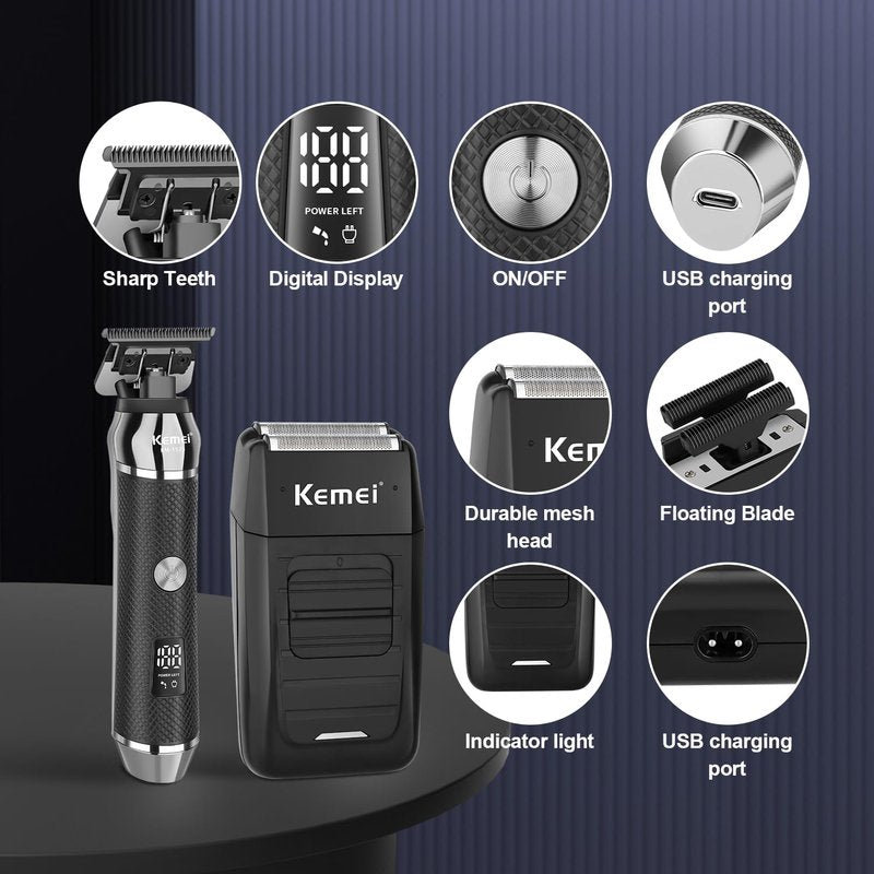 KEMEI Professional Beard Trimmer for Men, Electric Foil Shaver & Men's Facial Grooming Set, Cordless Bald Head Precision Trimmer, Rechargeable Foil Shaving Kit, Gifts for Men