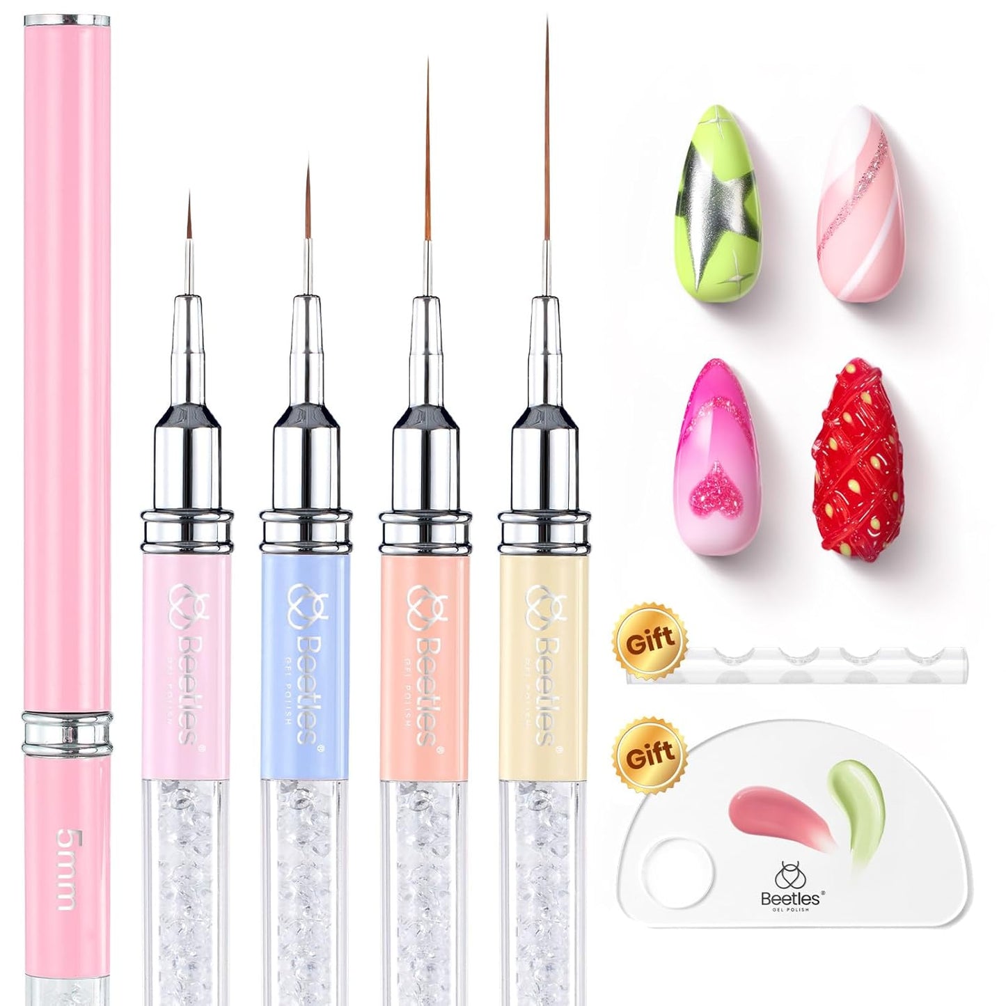 Beetles Nail Art Brushes, 8pcs Double-headed Nail Art Tool Set, Nail Dotting Tools, Striping Nail Art Brushes for Lines, Nail Drawing Pen with Bow knot Stickers Gift for Women