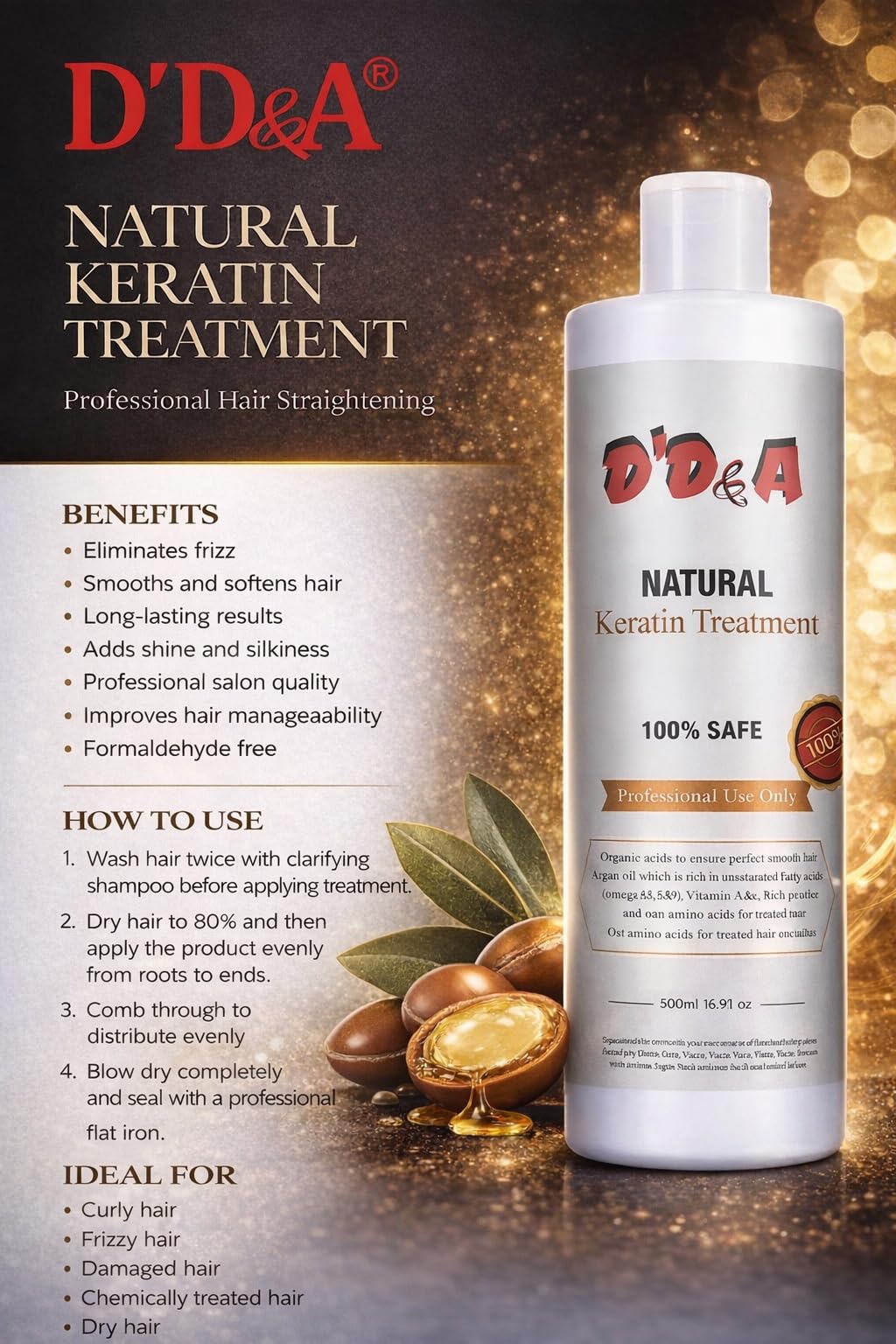 D’D&A KERATIN TREATMENT 100% NATURAL-FORMALDEHYDE-FREE HAIR SMOOTHING TREATMENT FOR FRIZZ CONTROL & SHINE (500ml)