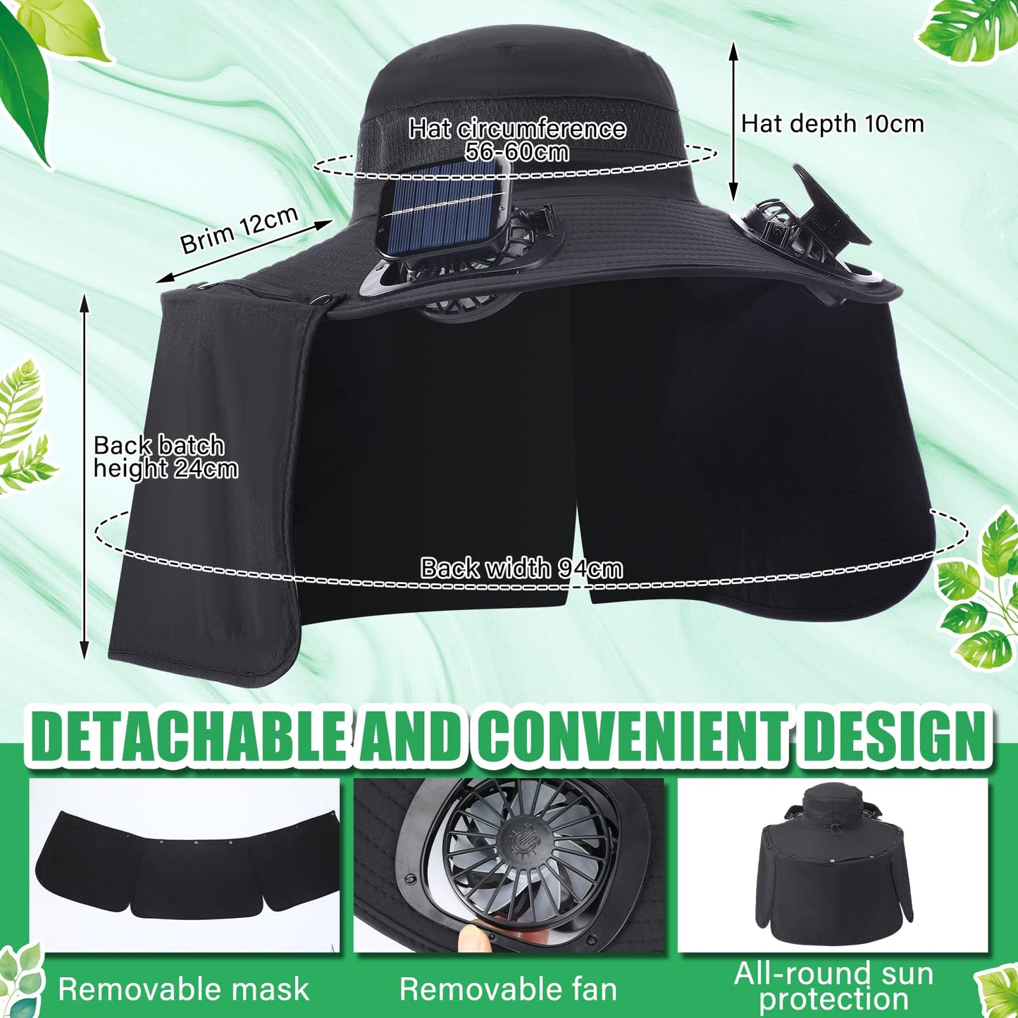 Chuarry Wide Brim Sun Hat with 2 Fan Outdoor Solar Powered USB Charging Fishing Hat with Neck Flap for Men Women(Black)