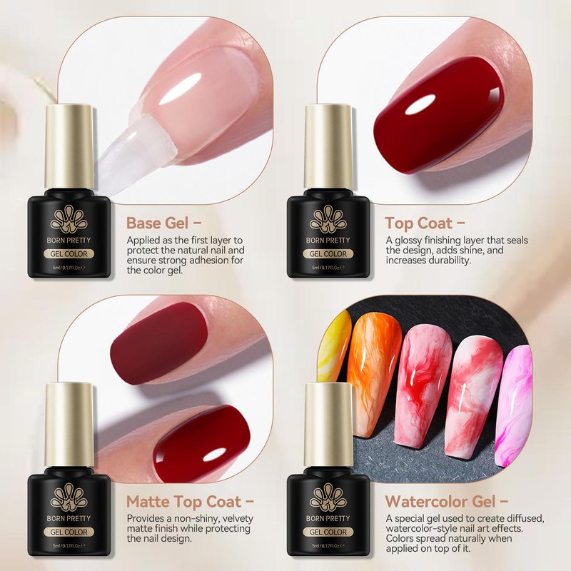 Born Pretty Nude Pink Gel Nail Polish 52Pcs Skin Tone White Beige Khaki Green Burgundy Red Purple Brown Chocolate Gold Silver Shimer Glitter Gel Polish with Glossy Matte Glitter Base Top Coat