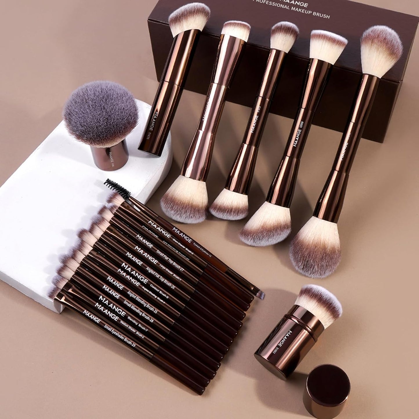 MAANGE 20 Pcs Makeup Brushes Set - Double-End Multi-Functional Blending Brushes | Coffee Brown