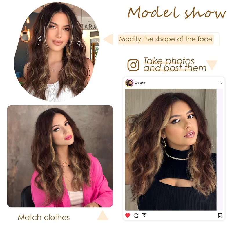 AISI HAIR 18 Inch Brown Highlights Wig - Medium Length Curly Glueless Synthetic Hair for Daily Wear & Cosplay