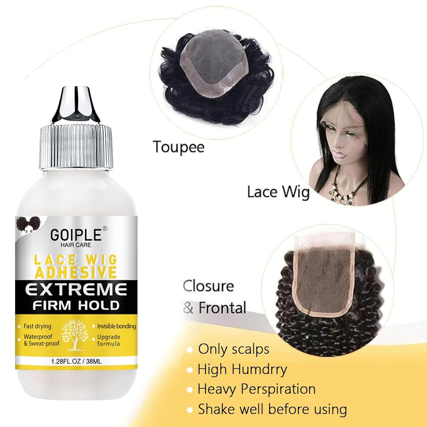 Goiple Wig Glue for Lace Front Wigs, Waterproof Lace Front Wig Glue for Wigs, Strong Hold Transparent Lace Adhesive for Hair Replacement Invisible Hair Bonding Wig Adhesive(1.28 fl oz)