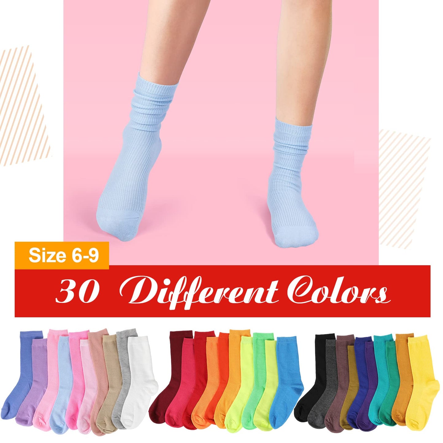 Jadive 30 Pairs Womens Crew Socks Solid Color Socks Lightweight Cute Women Cotton Gym Athletic(Multicolor)