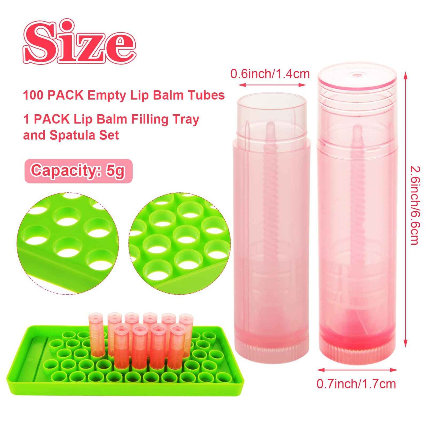 LANIAKEA 100PCS Lip Balm Tubes with Filling Tray and Spatula Set, Clear Containers with Pink Caps, Empty Chapstick Tubes Bulk for DIY Lipstick Homemade 3/16 Oz (5.5 ml)