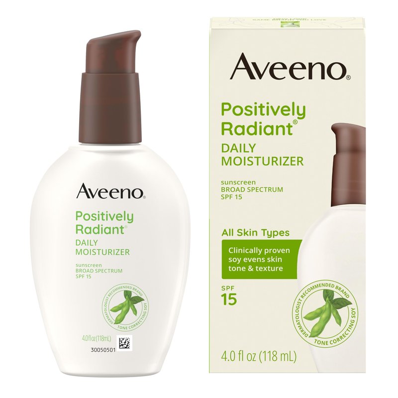 Aveeno Positively Radiant Daily Face Moisturizer with SPF 15 Sunscreen, Hydrating Face Lotion with Soy Extract to Improve Skin Tone and Texture, Hypoallergenic Formula, Oil-Free, 4 Fl Oz