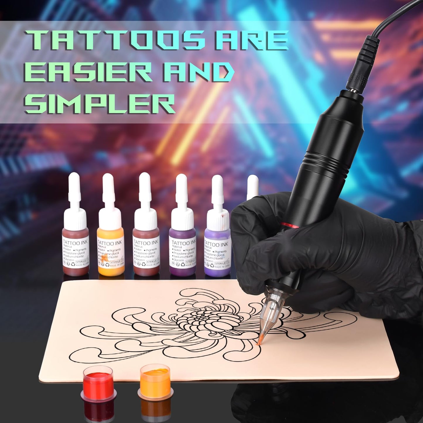 BAMTTOO Tattoo Pen Kit Tattoo Cartridge Needles Tattoo Machine for Beginners Rotary Tattoo Pen Kits Complete Tattoo Sets (BLACK)