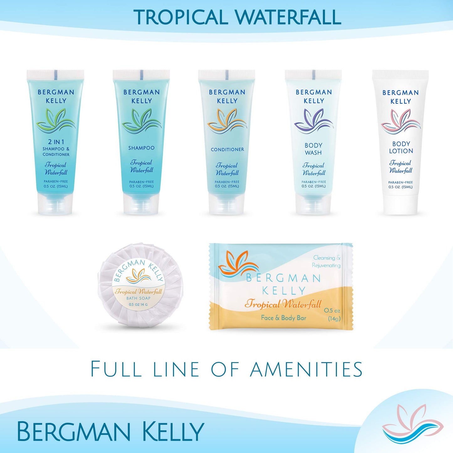 BERGMAN KELLY - Hotel Soap Bars in Bulk - Tropical Waterfall, 0.5 oz, 200 PK - Small Individually Wrapped Round Soap - Travel Size Mini Toiletries for Airbnb, Motel, Guest Bathroom