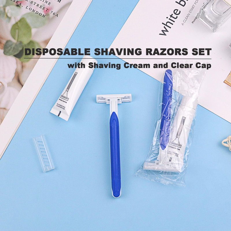 Disposable Razors in Bulk Pack of 120,Blue Disposable Shaving Razors Individual Wrapped Twin Blade Bulk Disposable Razors with Clear Cap and 10g Shaving Cream for Homeless,Hotel,Travel,Charity,Shelter