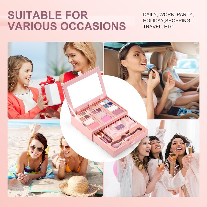 Small Makeup Palette Set - 12 Colors Eyeshadow, Blush, Highlighter & Lip Gloss | Travel-Friendly Gift Set for Women & Girls - Pink