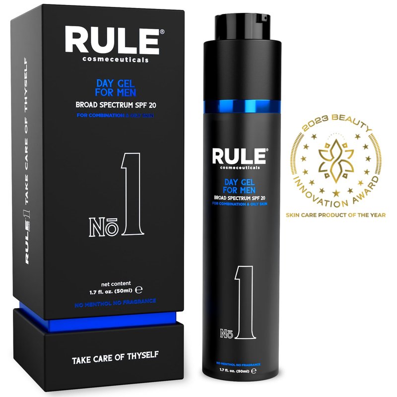 RULE COSMECEUTICALS No.1 Day Gel for Men, 10-in-1 Anti-Aging Face Moisturizer to Reduce Wrinkles, SPF 20, Collagen, Vitamins B, C & E - Combination & Oily Skin - No Menthol, No Fragrance, 50 mL