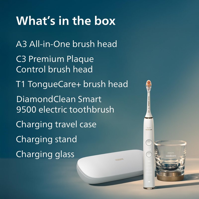 Philips Sonicare DiamondClean Smart 9500 Electric Toothbrush - Sonic Toothbrush with App, Pressure Sensor, 15 Brushing Settings, Replacement Reminder, USB Charging Travel Case, Rose Gold, HX9923/61