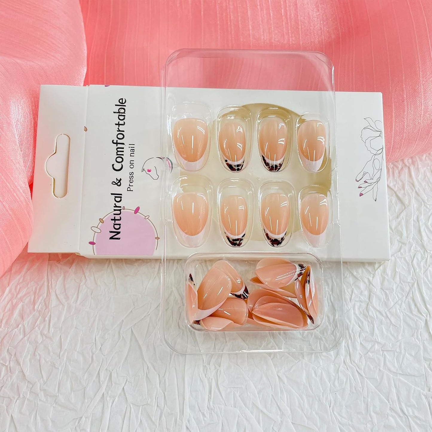 French Tip Almond Press-On Nails with Gold Bow | Reusable Glossy Acrylic False Nails for Women