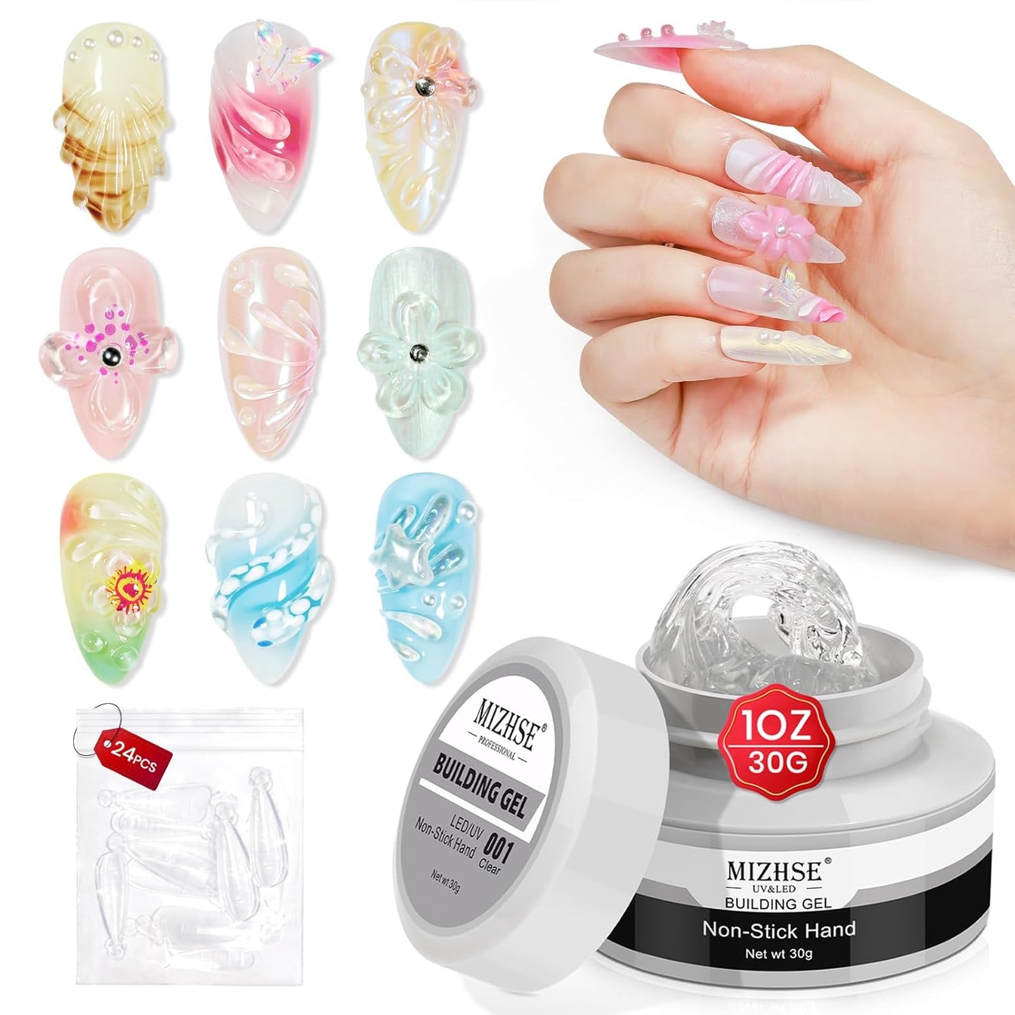 MIZHSE Solid Builder Gel for Nails, Clear Non-Sticky Sculpting Gel, 3D Nail Art Carving Building Modeling Hard Nail Extension Soak Off UV/LED Nail Art Salon Home DIY 15g