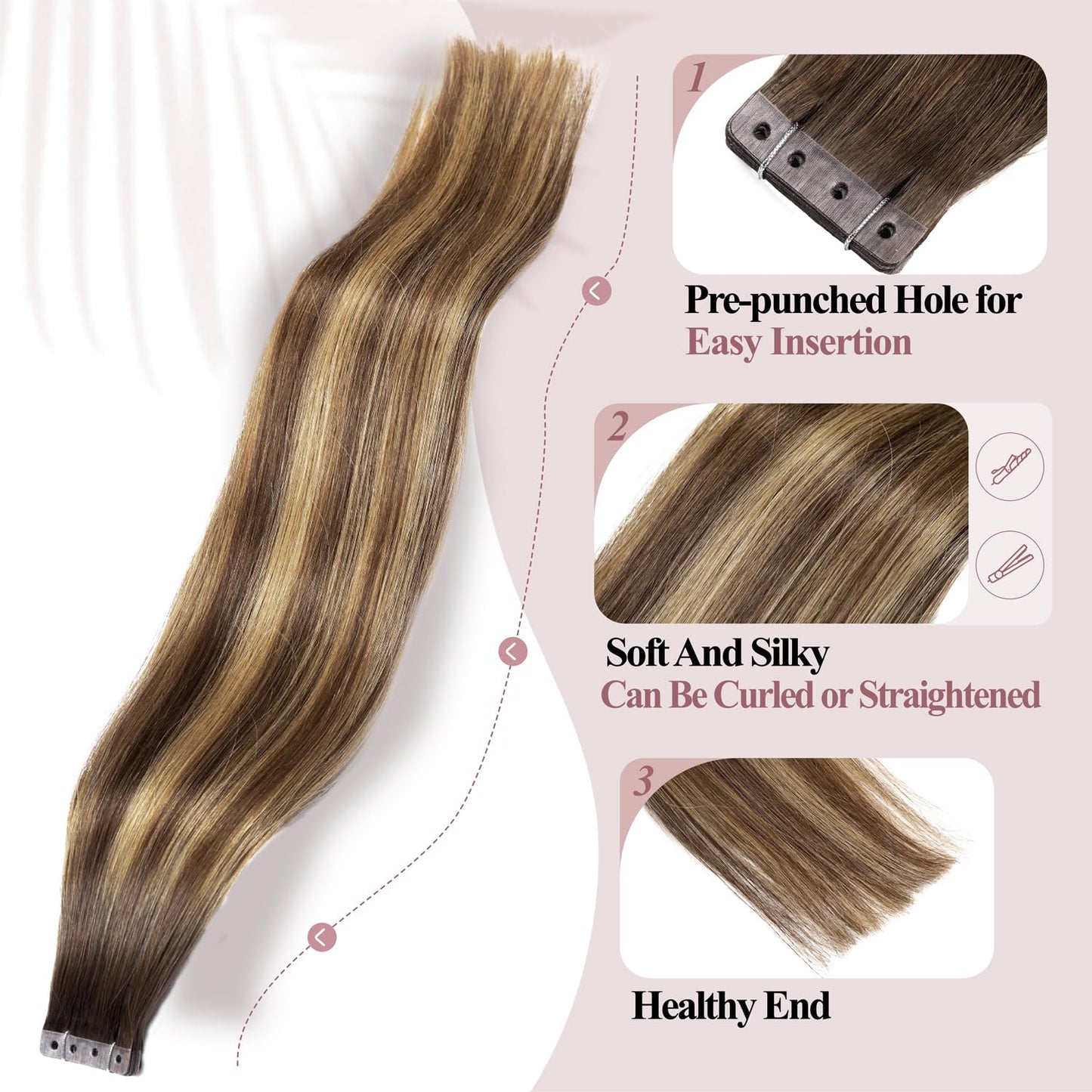 WIGER No Glue No Clips Highlighted Brown Straight Human Hair Extensions Ombre Brown Mixed Blonde Micro Bead Extensions Insert Skin Weft 18 In Balayage Remy Hair Extensions(40g, 20 Pcs)