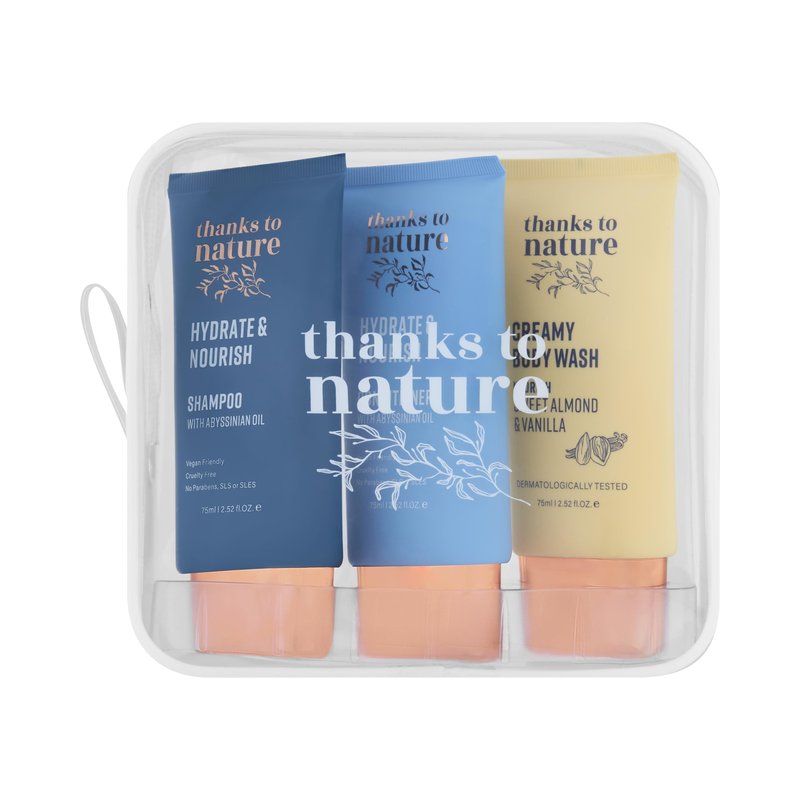 Thanks To Nature Hydrate & Nourish Travel size toiletries - 3pc TSA Friendly Travel Shampoo, Travel Conditioner & Travel Body Wash Sulfate Free, Hydrates and Nourishes Hair and Body