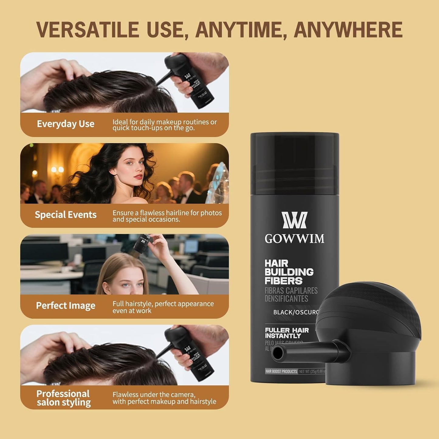 gowwim Hair Fibers with Spray Applicator Pump 2-in-1 Kit for Thinning Hair, Naturally Thickening Spray Fibers Waterproof Long-Lasting Grey Coverage Touch up for Bald Spot Cover up for Women & Men