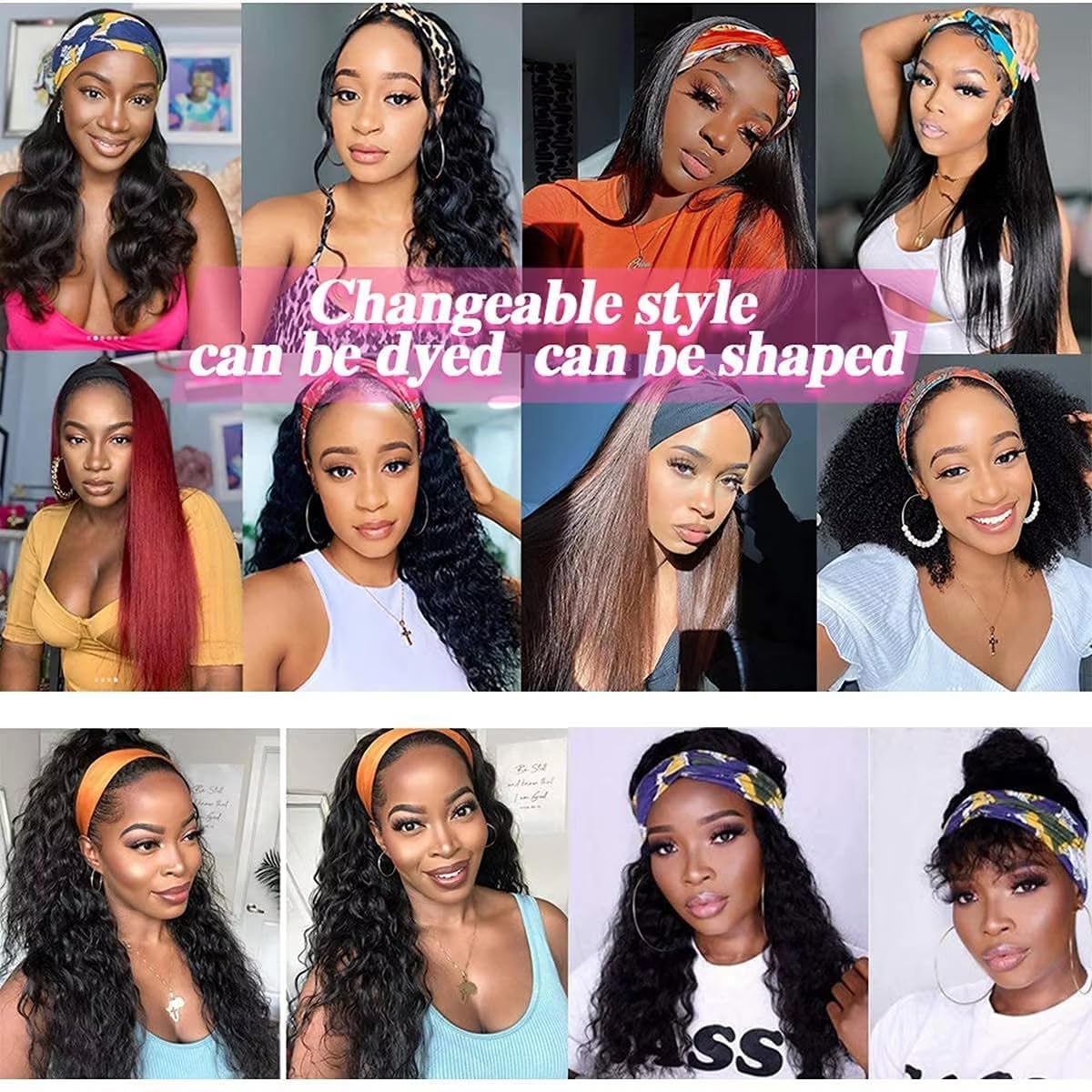 Maytune Headband Wig Curly Human Hair 14 Inch Headband Wigs Glueless Deep Wave None Lace Front Wigs for Black Women Water Wave Headband Wigs 150% Density Natural Color