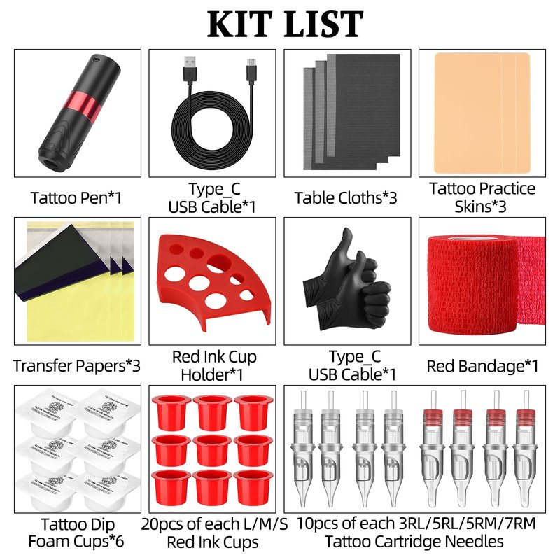 ATOMUS Cordless Tattoo Pen Machine Kit, 1600mah Rechargeable Pen Style Tattoo Cartridge Machine with Digital OLED Display 40pcs Tattoo Cartridge Needles 60pcs Ink Cups 6pcs Tattoo Dip Foam Cup (Red)