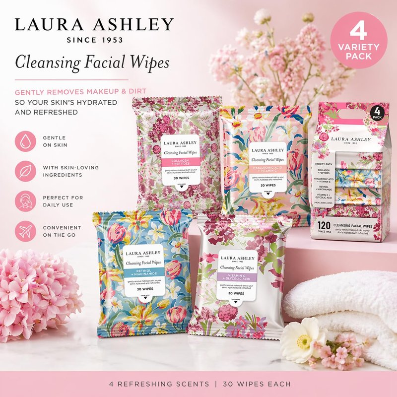 Laura Ashley 4 Pack Face Wipes for Women - Cleansing Makeup Remover Wipes with Vitamin C, Retinol, Hyaluronic Acid - 120 Pcs