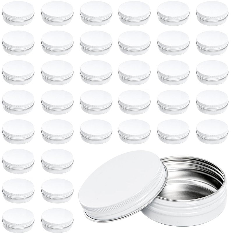 Foraineam 48 Pack 2 oz White Lip Balm Tin Cans, Aluminum Round Cosmetic Sample Containers with Screw Lid, Storage Travel Tin Jars Metal Empty Tins for Salve, Cream, Spices or Candles
