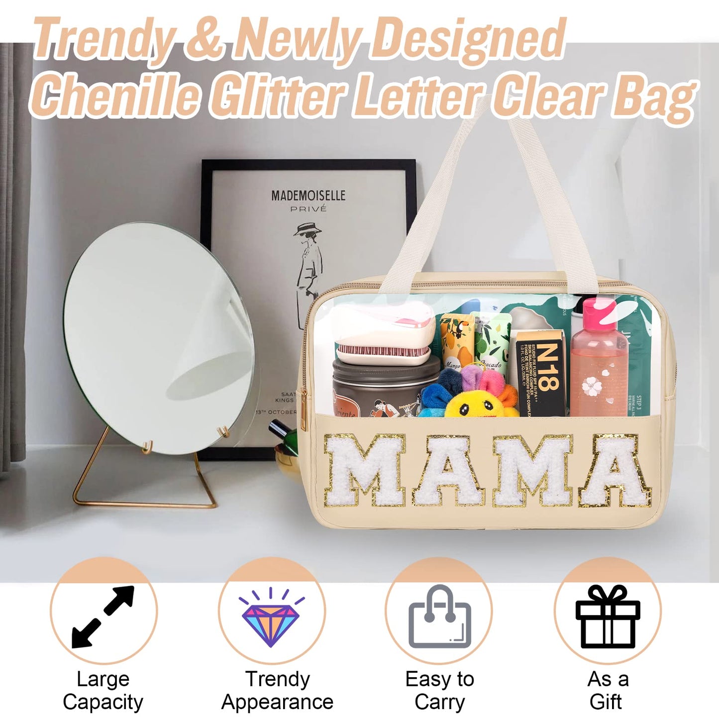 Preppy Clear Mama Makeup Bags with Chenille Letter Patches, Travel Essentials Large Clear Make up Bag Zipper Pouch with Handle, Waterproof Nylon Cosmetic Toiletry Storage Tote for Women (MAMA-Beige)