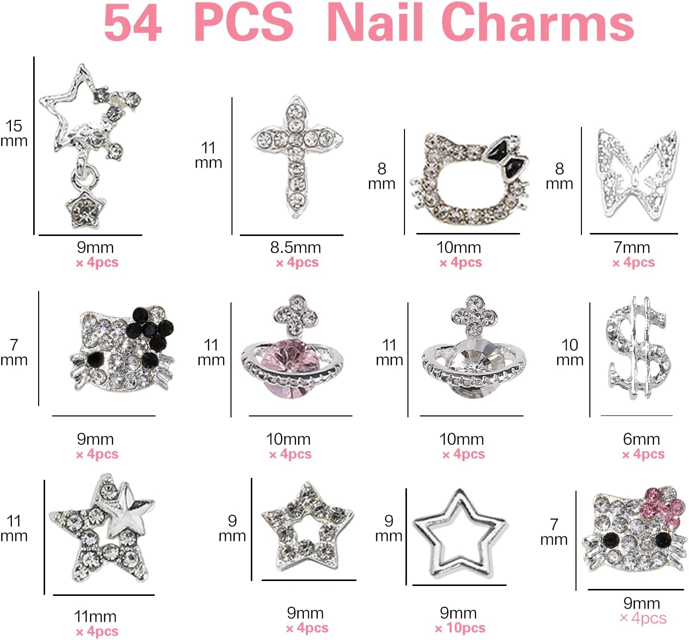 y2k 56pcs nail charms, silver