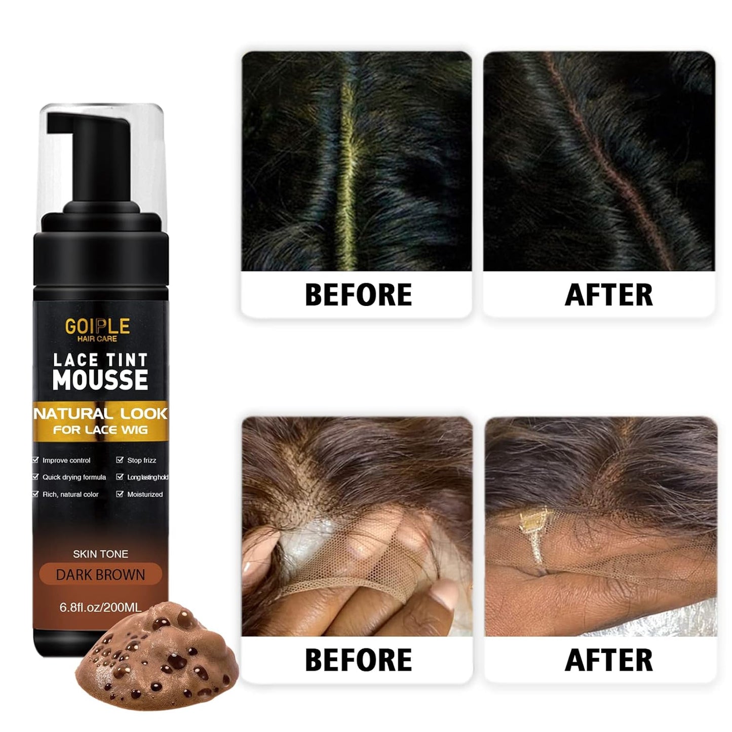 Lace Tint Melting Hair Mousse, 6.8 fl oz Lace Tint Mousse for Women Hair Wig Lace Wigs Toupees and Hairpieces Natural Finishing Lace Color, Lace Tint Mousse for Wigs Melts Lace Foam Tint(Medium Brown)