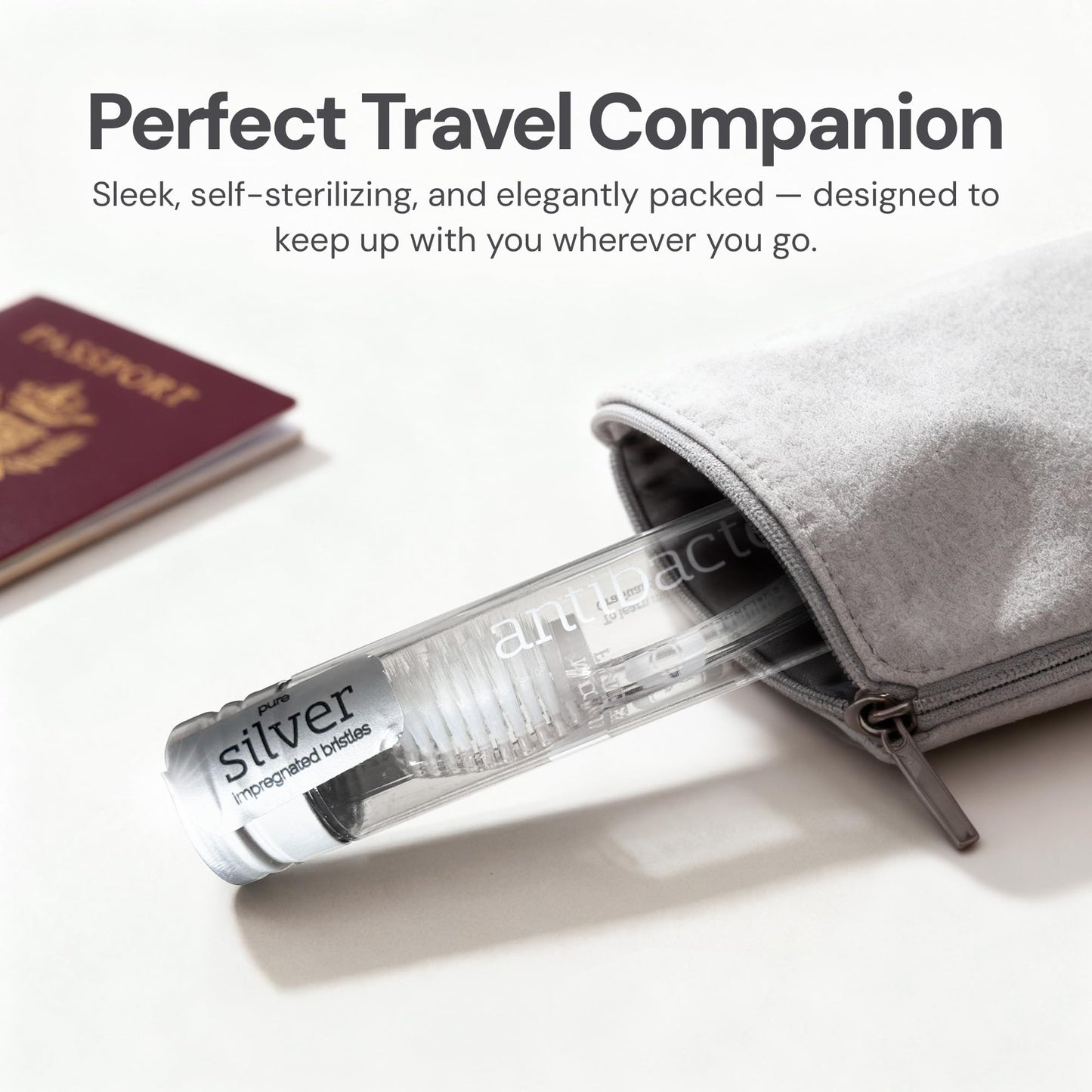 Nano-b Manual Toothbrush for Adults with Sensitive Gums, Silver Soft/Medium Bristles, Travel Case, Blue