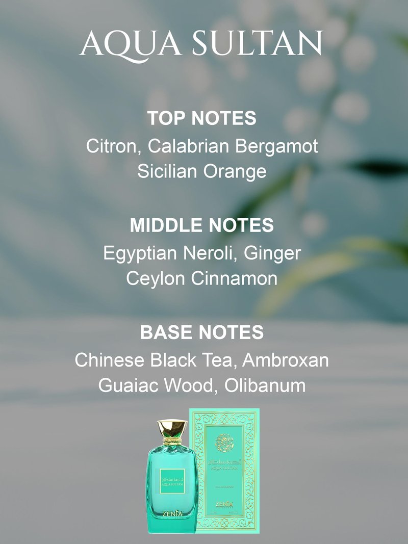 Zenia Aqua Sultan Eau de Parfum EDP Spray Unisex – 3.4oz / 100ml | Long Lasting Citrus Spicy Woody Fragrance with Bergamot, Neroli, Cinnamon & Tea