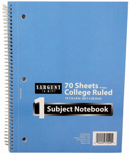 Sargent Art 1 Subject Notebook, 70 Sheets, 8"x10" College Ruled, 23-1540