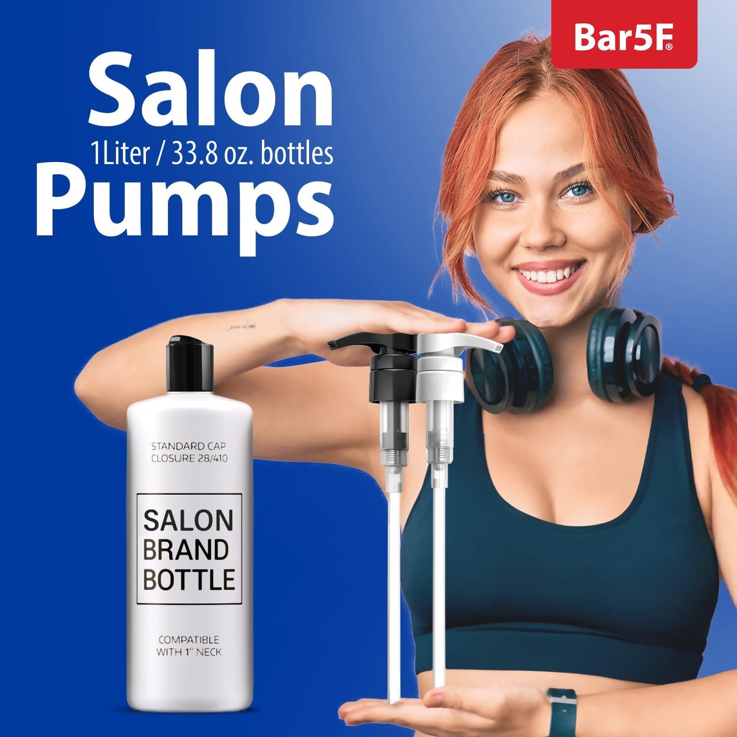 Bar5F 1-Liter Pumps for Shampoo and Conditioner Bottles for 33.8-Ounce Professional Salon Brands (White & Black)