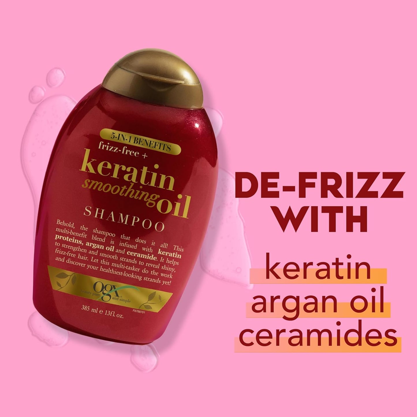 OGX Frizz-Free + Keratin Smoothing Oil Shampoo, 5 in 1, for Frizzy Hair, Shiny Hair, 13 Fl Oz