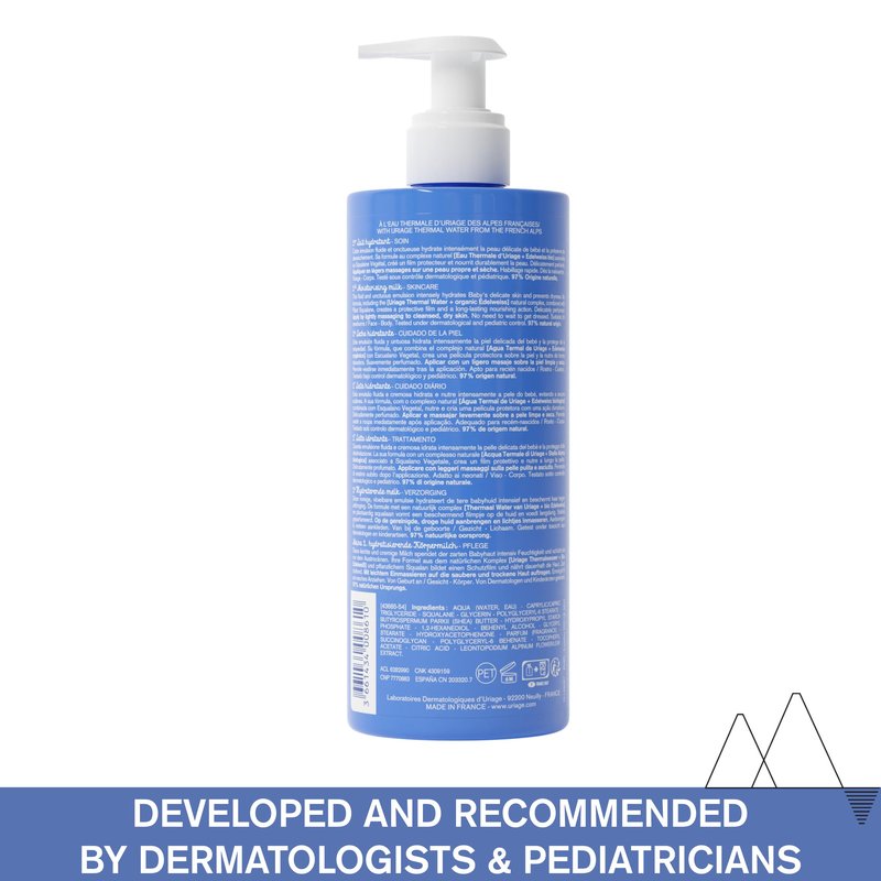 Uriage Baby Daily Moisturizing lotion with Organic Edelweiss + Shea Butter, Nourishes, Moisturizes & Soothes Skin, Non-greasy, Delicately Scented, 97% Igredients of Natural Origin