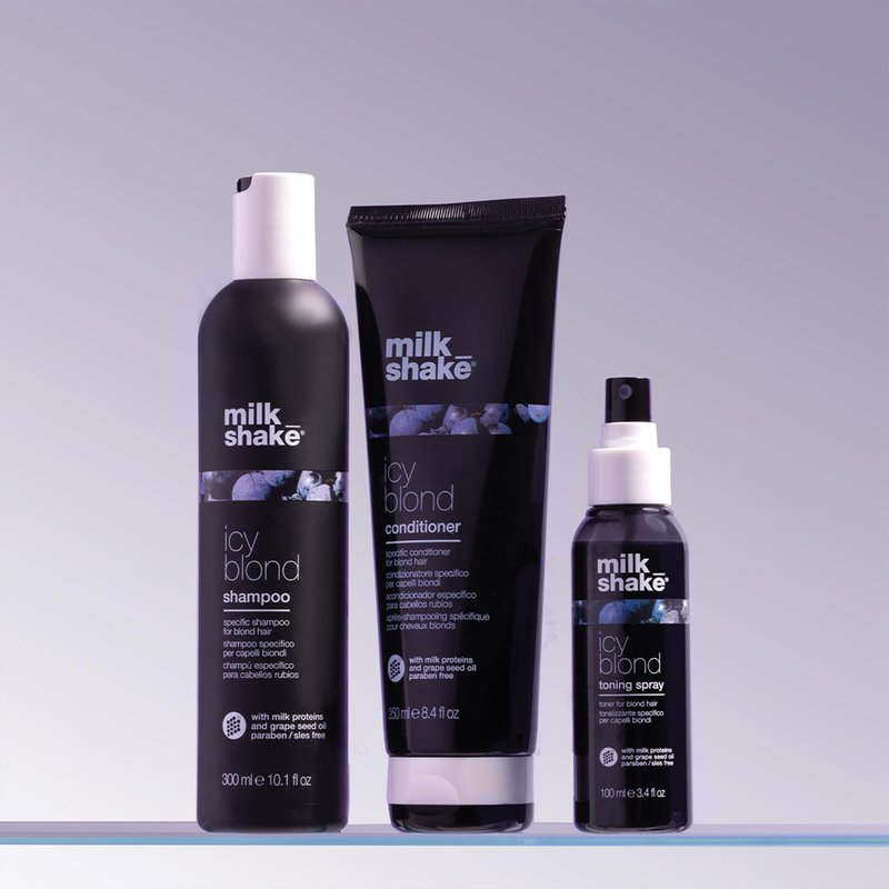 milk_shake icy blond conditioner | award winning toning conditioner with black pigment to neutralize yellow and brass in platinum blonde hair | hydrates and brightens cool tones
