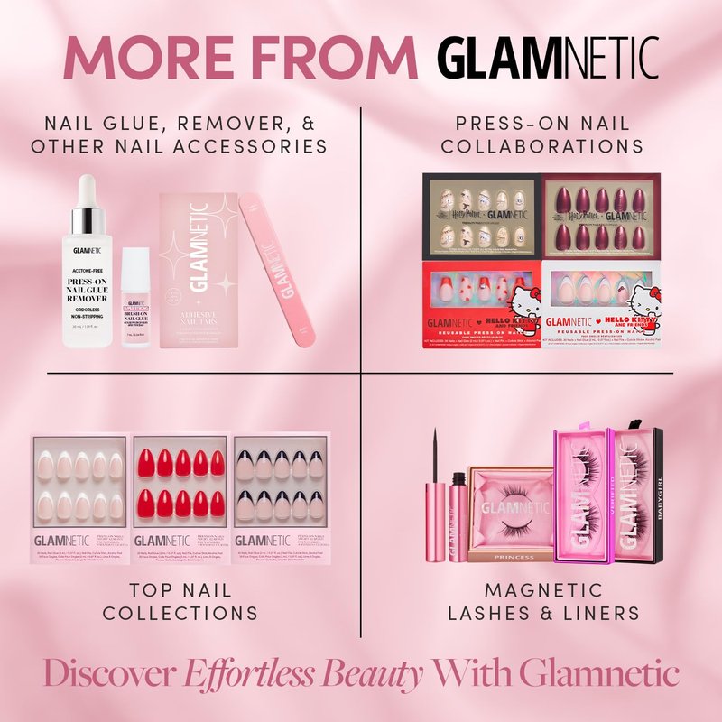 Glamnetic x Hello Kitty® and Friends Press On Nails - My Melody™ | Short Almond Gold Foil 3D Graphic Fake Nails in a Glossy Finish | 15 Sizes - 30 Nail Kit with Glue