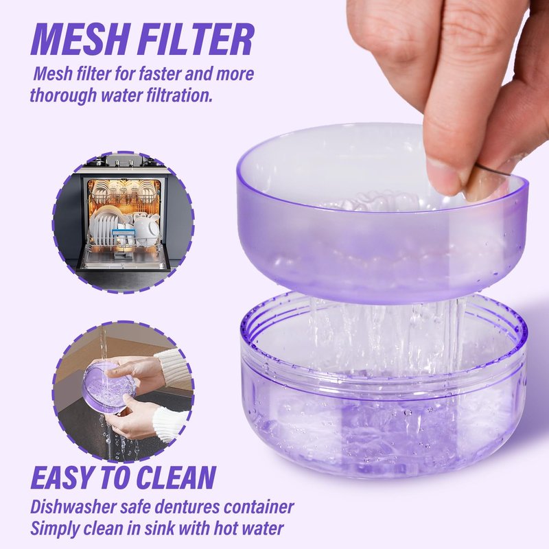 Denture Case, 2PCS Retainer Case with Strainer Basket, 2 in 1 Denture Bath Case No-Leak Retainer Cleaner Case, Retainer Holder for Travel, Mouth Guard Case for Dentures, Clear Braces, Night Guard