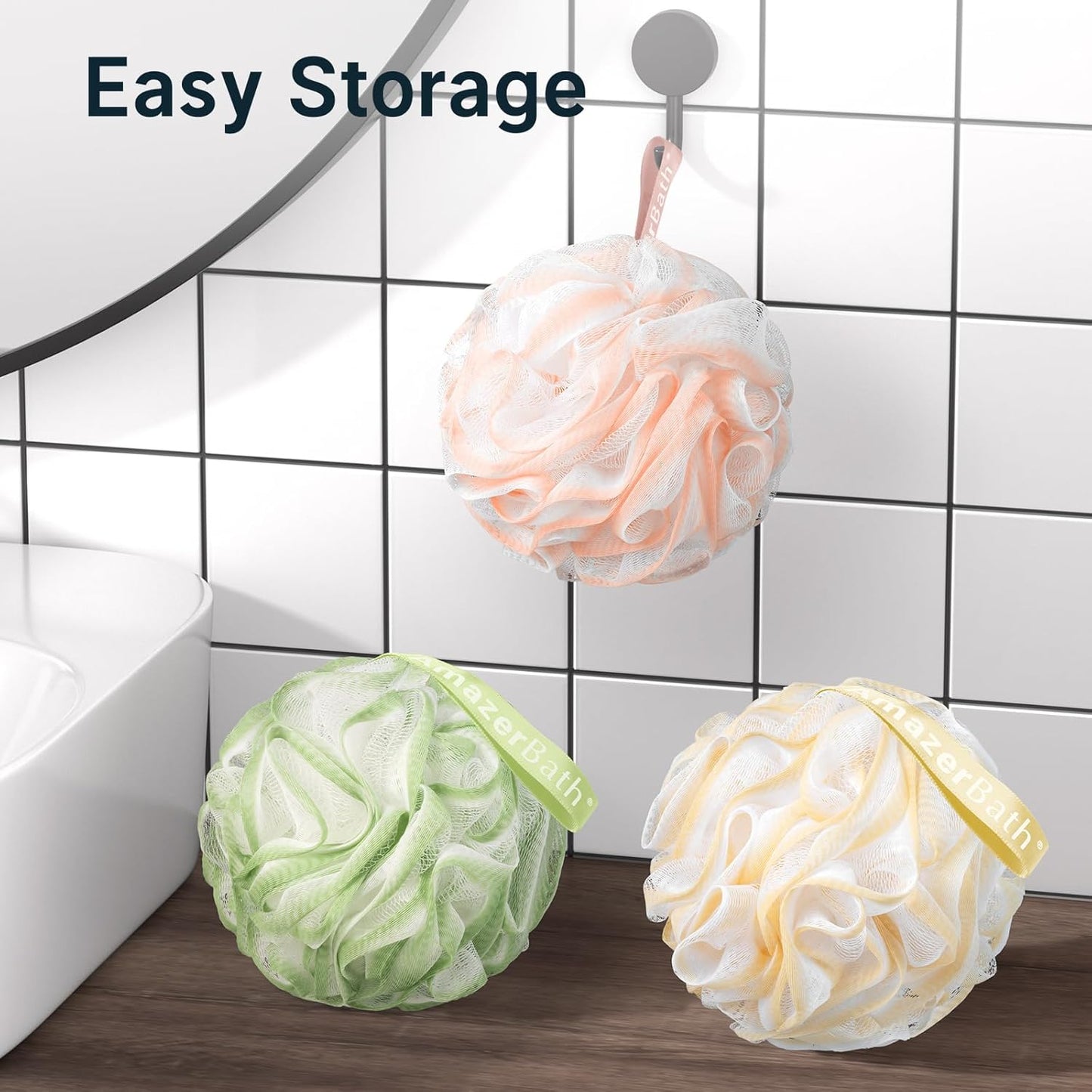AmazerBath Loofah Sponge, Shower Loofah for Men and Women - Body Scrubber Loofa Set of 3 Classic Black & White Edge, Bath Sponge 60g/PCS