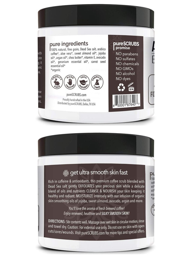 pureSCRUBS Premium Organic Arabica Coffee Body Scrub Set, Skin Smoothing Moisturizing Body Exfoliator - Includes Wooden Spoon, Loofah and Exfoliating Bar Soap - Large 16oz