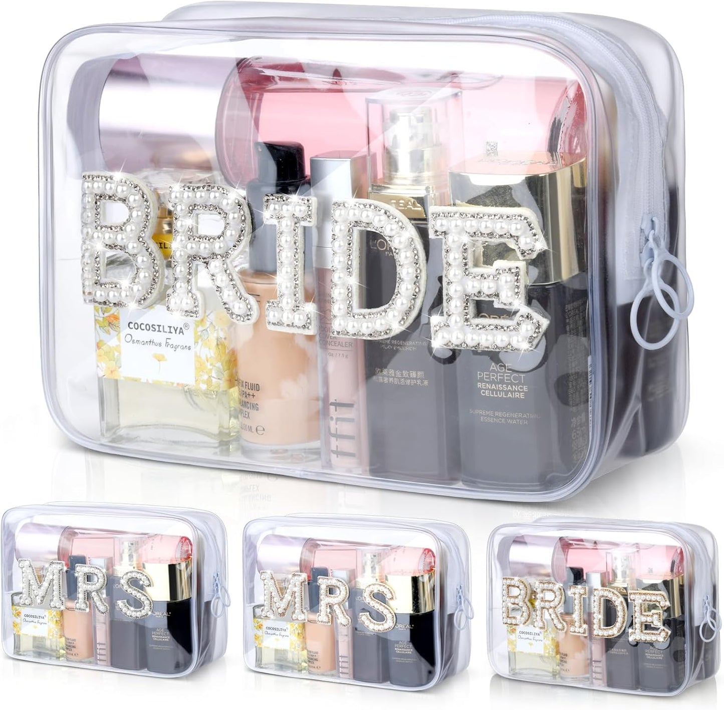 Etercycle Bride Clear Makeup Bag, Bridal Shower Gifts Engagement Cosmetic Bag, Bling Pearl Rhinestone Letter Patches Waterproof PVC Travel Organizer for Women Wedding Bachelorette Party (Gold)