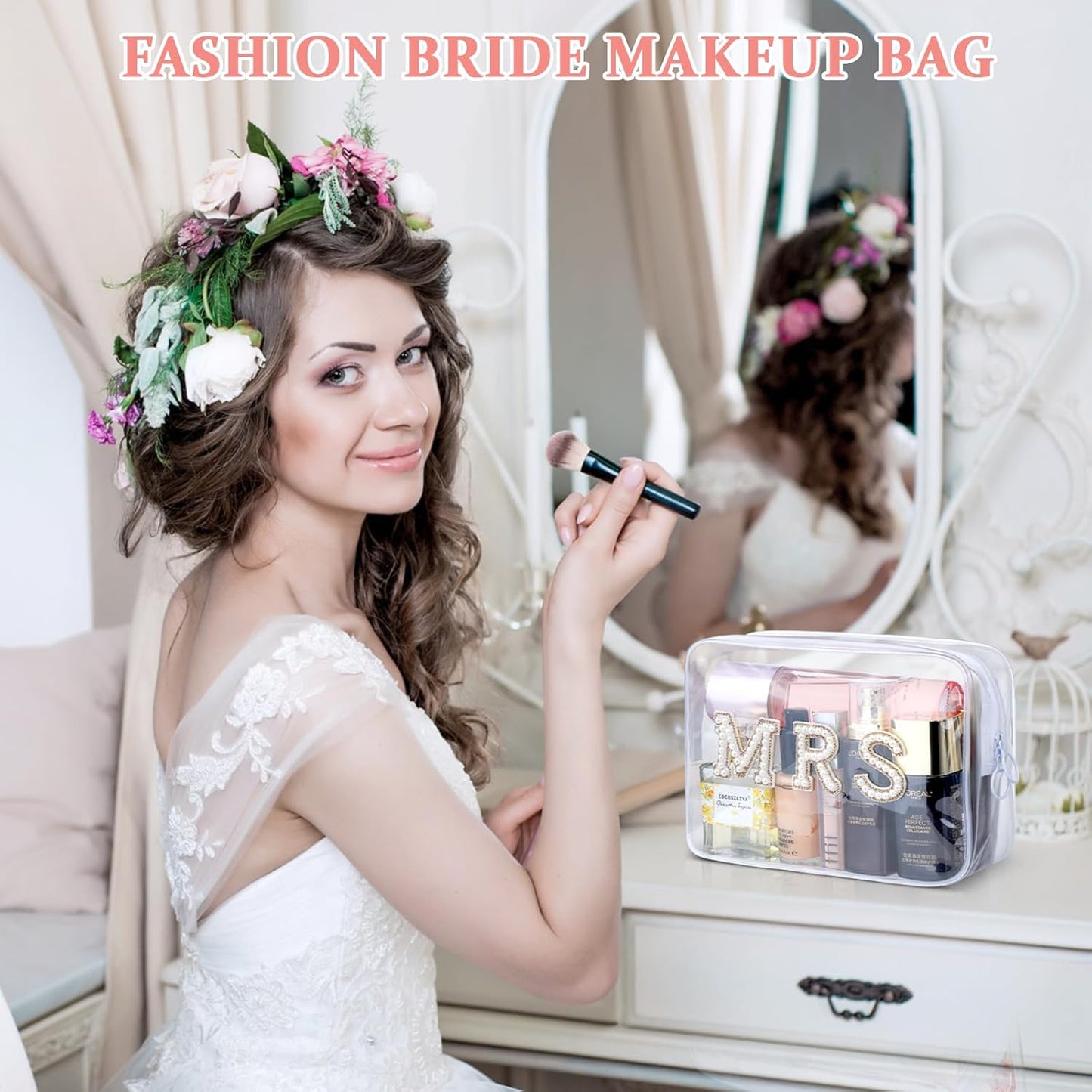 Etercycle Bride Clear Makeup Bag, Bridal Shower Gifts Engagement Cosmetic Bag, Bling Pearl Rhinestone Letter Patches Waterproof PVC Travel Organizer for Women Wedding Bachelorette Party (Gold)
