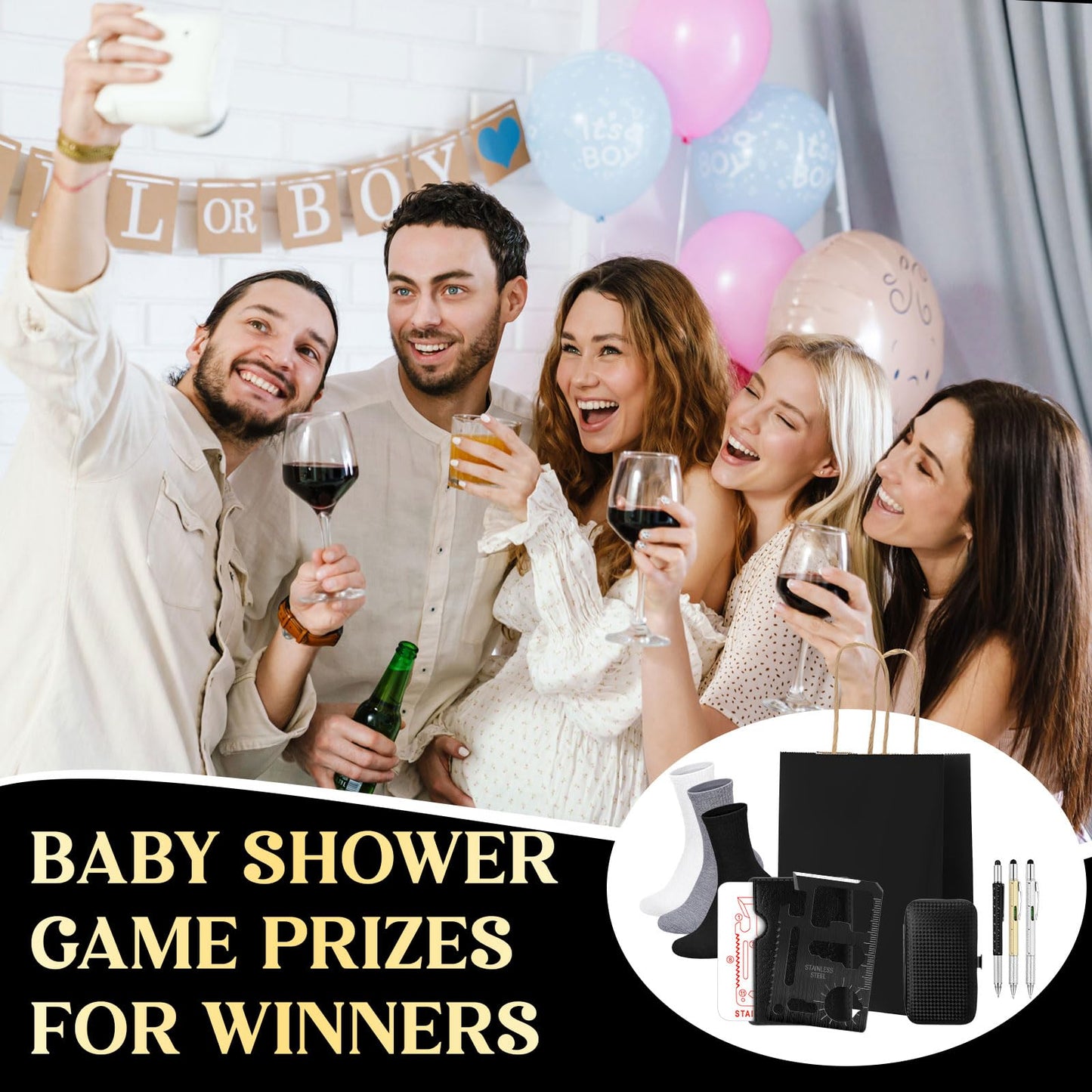 Leriton 6 Sets Baby Shower Game Prizes for Men Include Black Kraft Paper Gift Bags Manicure Kit Tools Socks Pens 11-in-1 Survival Card Tool for Men Husband Father(Black,White,Gray)