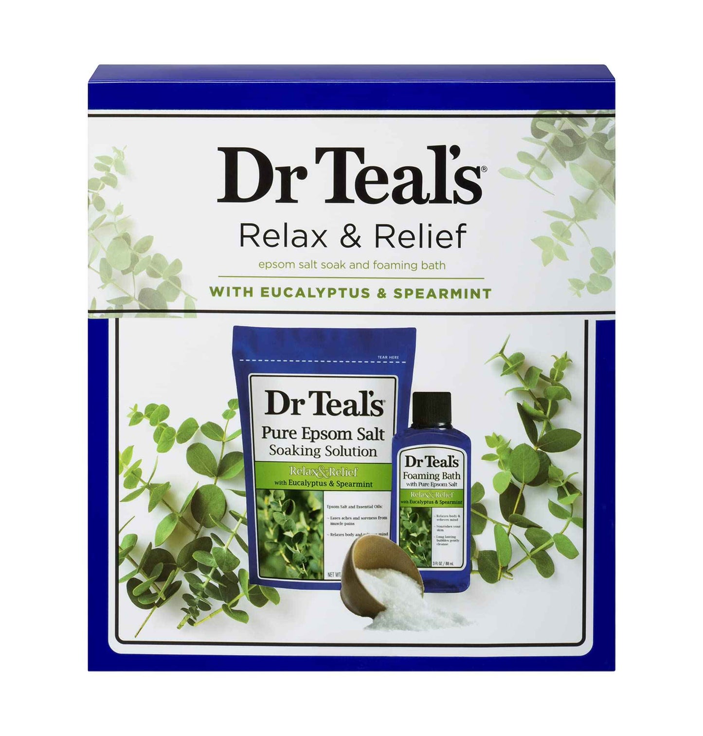 Dr Teal's Eucalyptus Epsom Salt & Foaming Bath Oil Sampler Gift Set - Give The Gift of Rejuvenation & Self Care! - 14 oz Bag of Eucalyptus Bath Salts & 3 oz Bottle of Eucalyptus Foaming Bath Oil